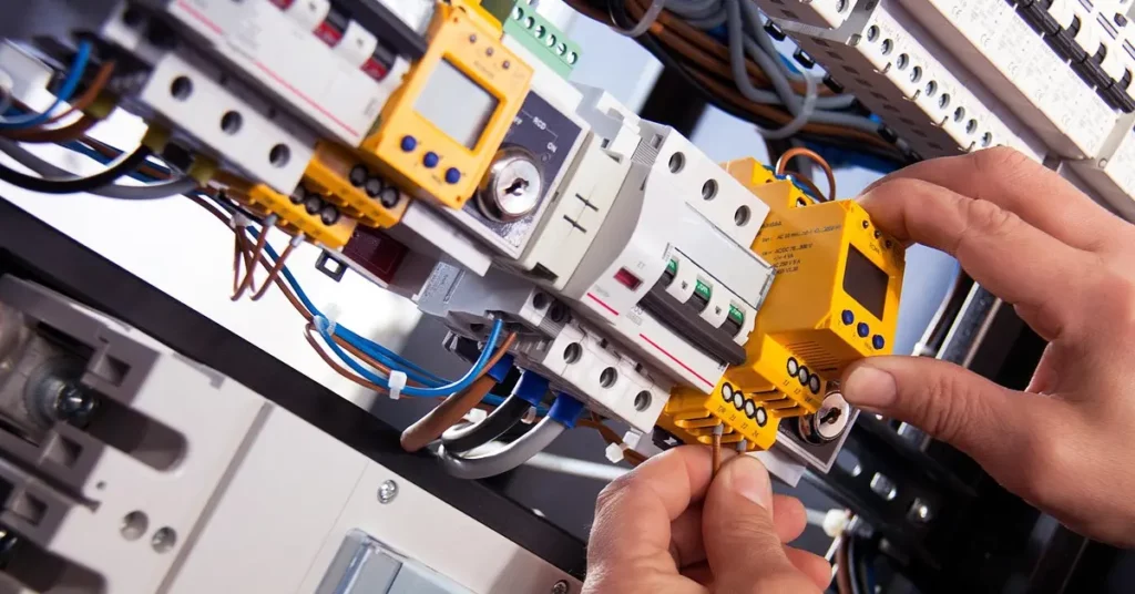 Elektryk pracujący przy domowej rozdzielnicy elektrycznej, podłączający przewody do modułów zabezpieczeń i sterowników.
